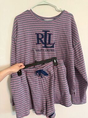 Lauren Ralph Lauren Striped Interlock Pajama Set Pink Navy Blue RLL Logo XL